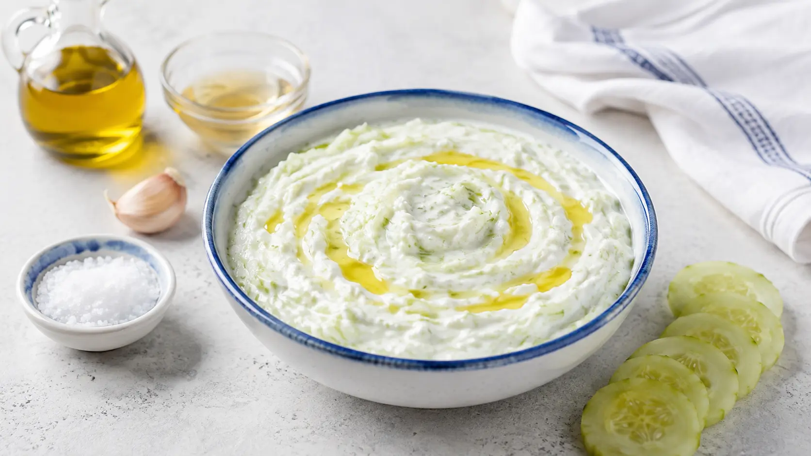 Tzatziki pronto in una ciotola con cetriolo e olio d’oliva